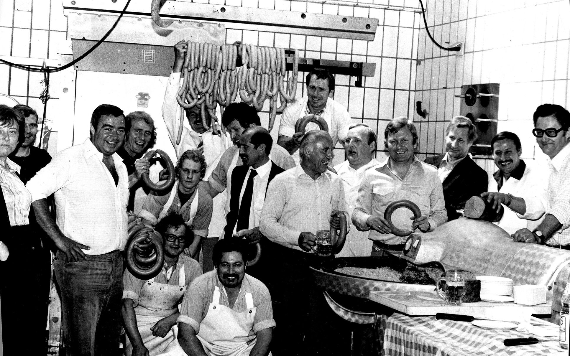 Celebration in the sausage kitchen of the Zarges butcher's shop, around 1980