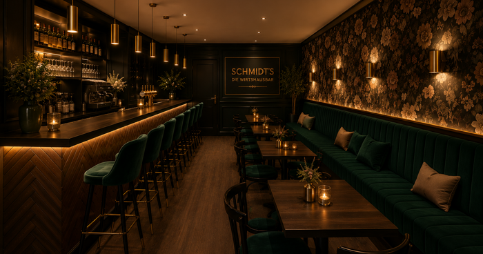 Visualisierung der zukünftigen Einrichtung von Schmidts – Die Wirtshausbar in Allmendingen. Ein modernes Wirtshaus mit warmem Holz, stilvoller Bar und gemütlicher Atmosphäre.